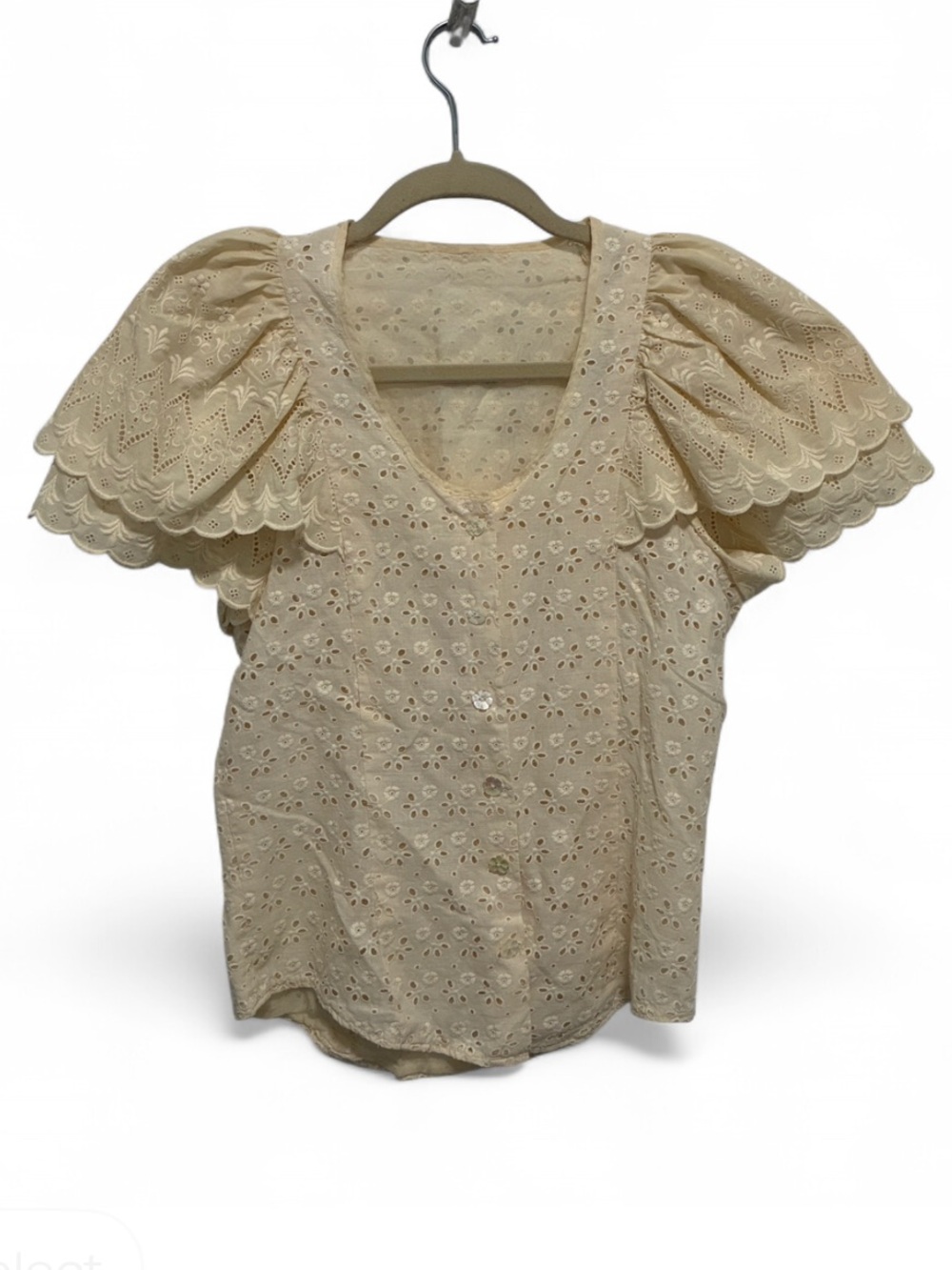 Vintage Handmade Eyelet Puff Sleeve Button Down Blouse in Cream